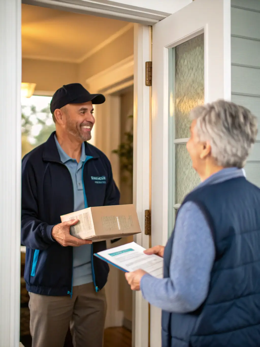 A Makal Medical Transportation Services courier delivering a prescription to a patient at their home, ensuring privacy and convenience.