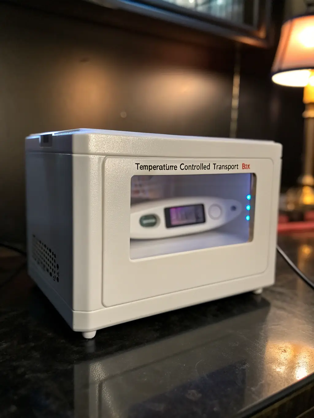 A close-up shot of a temperature-controlled transport box with a visible digital thermometer displaying the internal temperature, used for transporting sensitive medical specimens by Makal Medical Transportation Services.